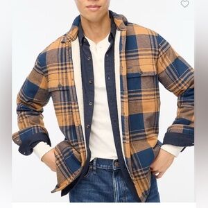 J.Crew Sherpa Plaid Shirt Shacket Small Blue Brown Flannel Cabincore Western